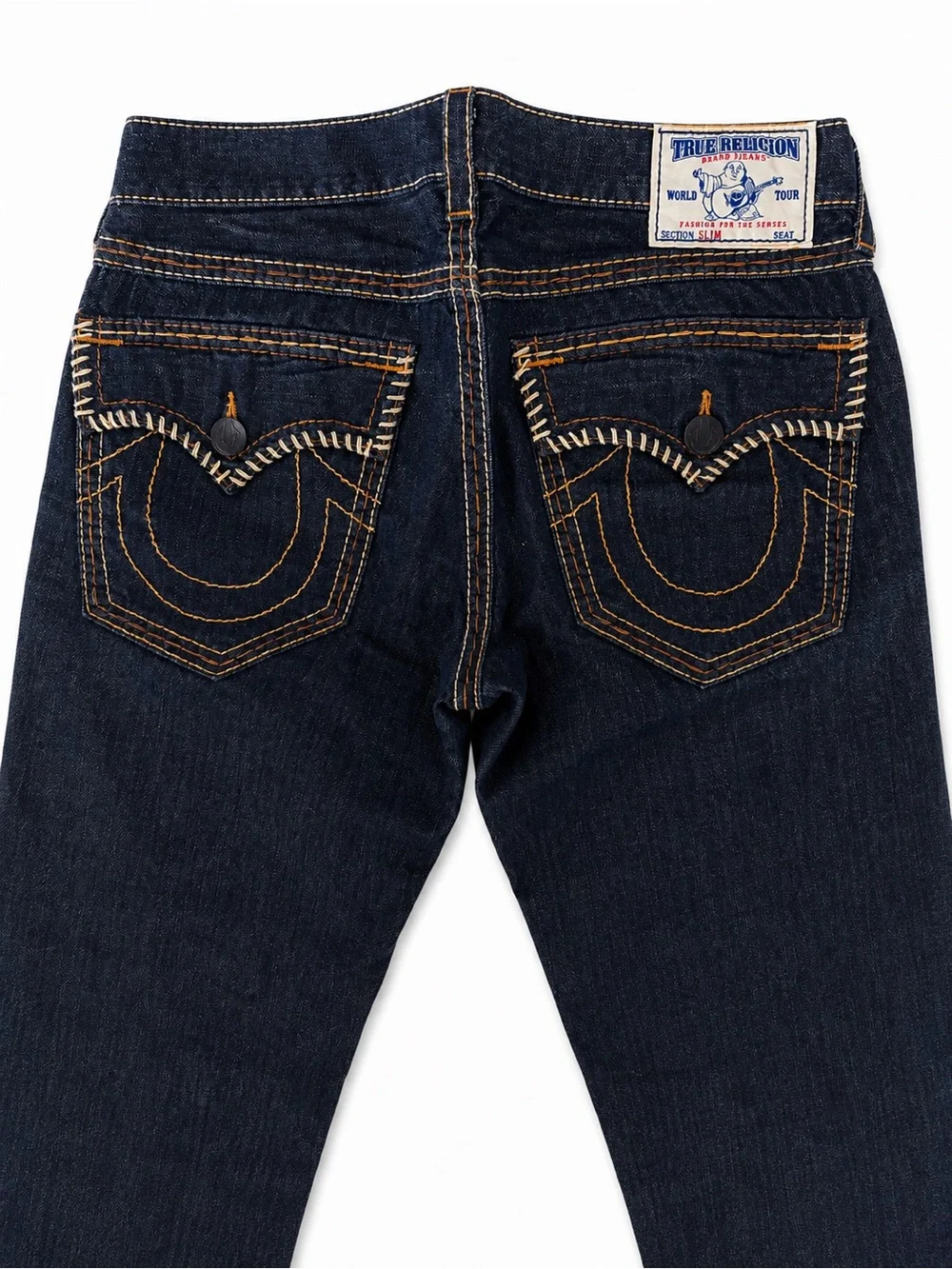 True Religion Men's Indigo Straight Leg Jeans with Contrast Stitching